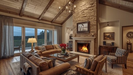 Fototapeta premium Luxury home featuring a vaulted ceiling living room with a lively blazing fireplace and elegant dÃ©cor