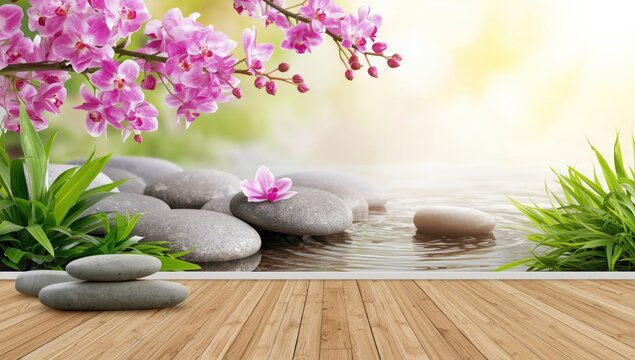 Zen inspired spa space with colorful flower clusters and smooth river rocks in backdrop