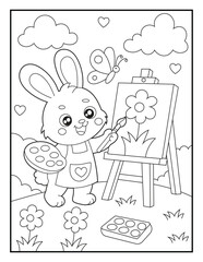 Happy Baby Bunny Painting Picture Coloring Sheet for Children. Printable Artist Coloring Book Page. Simple Cartoon Illustration