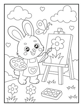 Happy Baby Bunny Painting Picture Coloring Sheet for Children. Printable Artist Coloring Book Page. Simple Cartoon Illustration