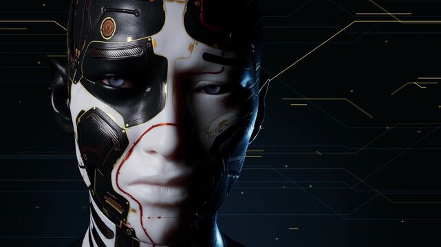 Dramatic android face with digital circuits