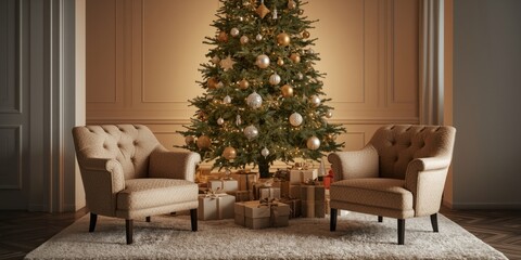 Fototapeta premium Cozy living room with Christmas tree and gifts under it