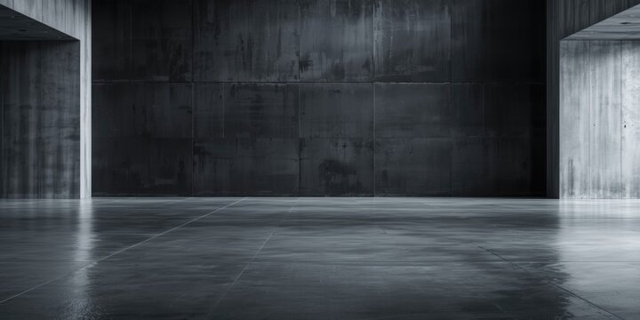 Empty industrial interior with dark concrete walls and floor