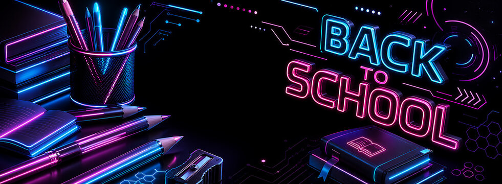 A vibrant neon-lit sign reading Back to School shines brightly on a dark background surrounded by books and technology
