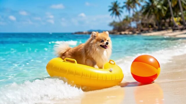 Pomeranian dog sitting in yellow inflatable ring float on tropical beach. Cute fluffy pet relaxing in shallow turquoise water with orange beach ball nearby. Summer vacation fun for animals