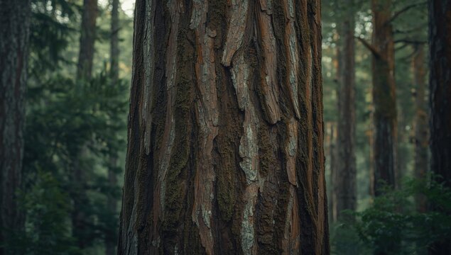 Tall Kauri tree displaying textured bark in a green forest