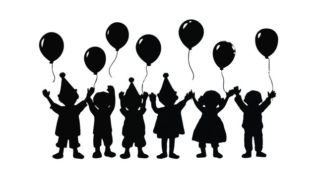 Group of people holding balloons in black silhouette on dark background for celebration or event