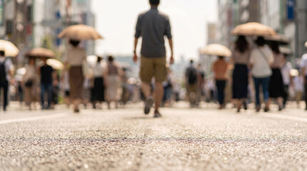 Fototapeta premium Heat wave dome summer city crowd under harsh sun, busy street life during hot season. Global warming climate change. hot weather heat wave temperature warming, weather drought stroke