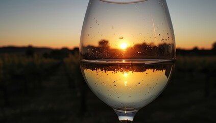 Fototapeta premium Wine glass reflecting sunset over vineyard field