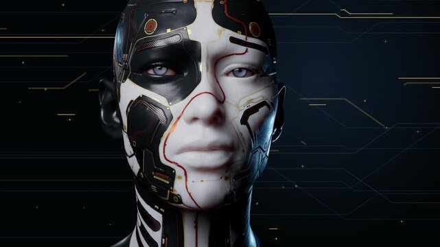 Futuristic android portrait with digital circuits