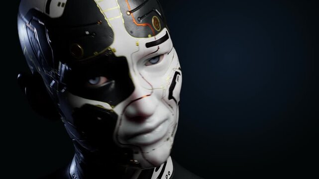 Malfunctioning futuristic android with dark copy space