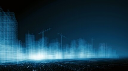 Naklejka premium Futuristic glowing cityscape with construction cranes
