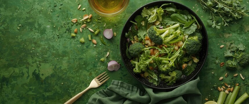 Nutritious broccolini cooking scene with fresh ingredients on green backdrop