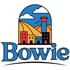 Fototapeta premium Bowie Maryland City Logo Vector Illustration: Heritage Emblem Featuring Historic Water Tower, Skyline, and Rolling Hills under a Blue Sky