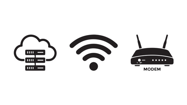 Cloud Server WiFi Modem Icons For Internet Technology Concepts