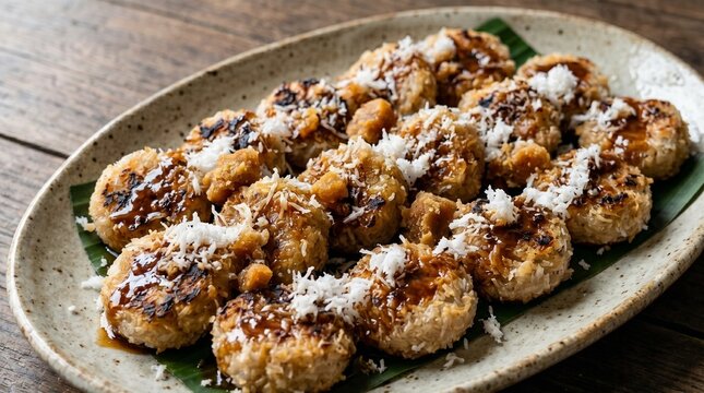 Pieces of traditional Indonesian sweet getuk panggang grilled cassava cake with melted brown palm sugar glaze and shredded coconut on a banana leaf and ceramic plate.