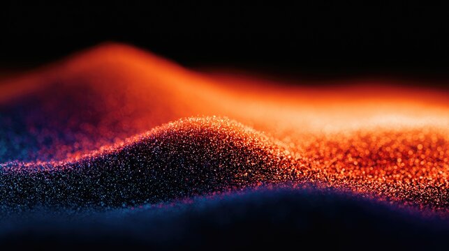 Glistening, granular forms curve in warm orange and cool blue light