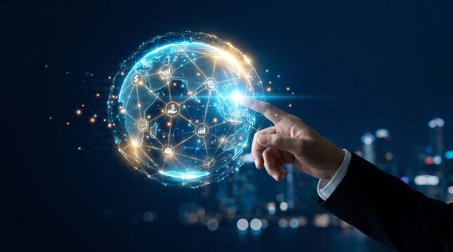 Business professional reaches out to touch a glowing digital globe representing global connectivity and advanced network communication systems for future international commerce and data exchange
