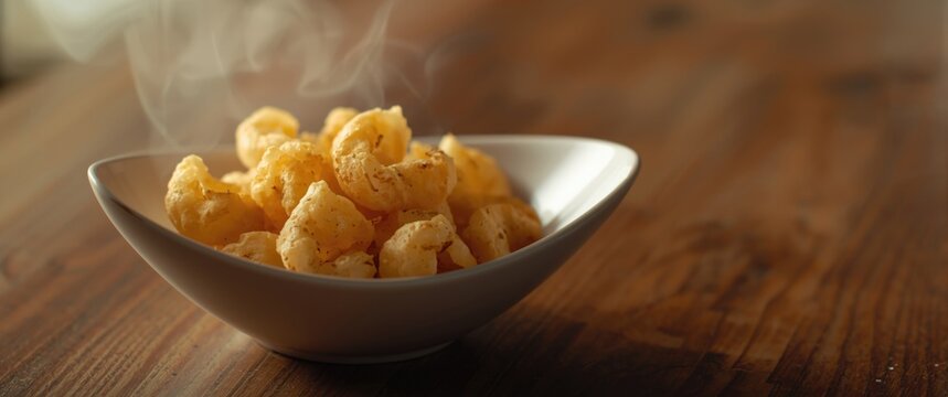 White puffed fryums snack served in a bowl with sharp selective focus