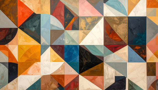 Abstract geometric artwork comprised of colorful, intersecting shapes, mosaic-like in composition