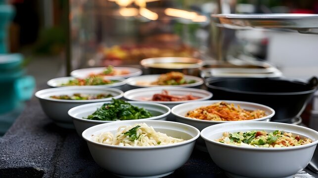A tidy outdoor noodle stall in a clean market corner features clear sneeze guards and serving bowls creating a natural lifestyle scene