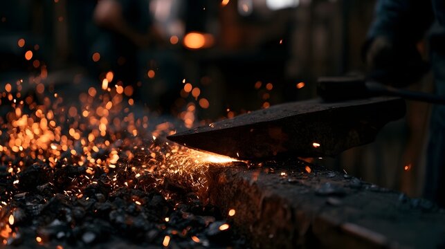 Sparks fly in a mechanical metal forging workshop illuminating the scene with soft ambient light and inspiring imagination