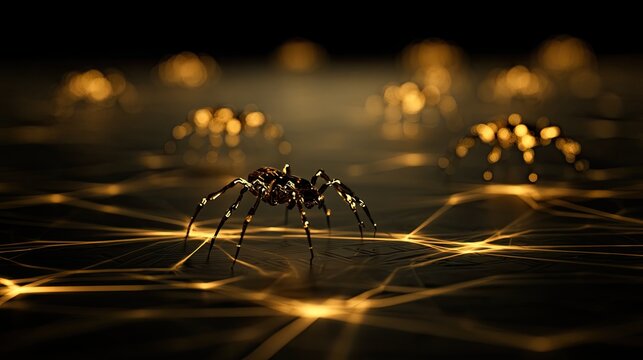 Gleaming arachnids illuminated by golden threads on dark ground