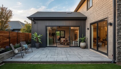 Naklejka premium Modern patio with seating and view of interior living space