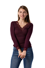 Obraz premium Slavic woman smiling gently in studio portrait