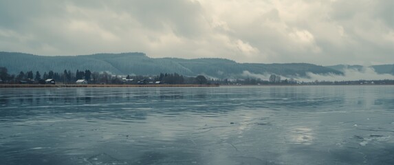 Fototapeta premium Frozen lake reflecting cloudy skies with distant hills