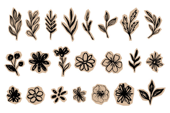 Grunge Scrapbook Flowers Set. Doodle collage brush stroke wildflowers and leaves set. Chalk textured outline floral stickers set. Paper cut vector blossom and branches collection.