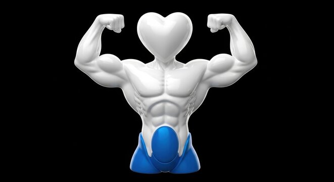 Muscular man with heart head flexing arms from behind
