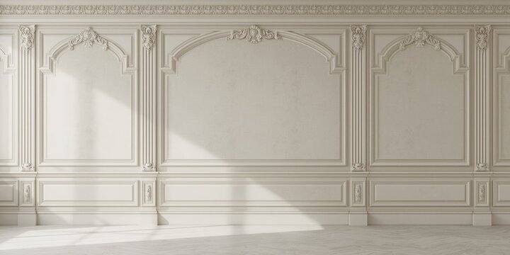 Elegant white wall with decorative moldings and shadow patterns