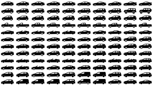 Car Silhouette Collection with Sedan SUV Sports Car Pickup and Electric Vehicle Icons