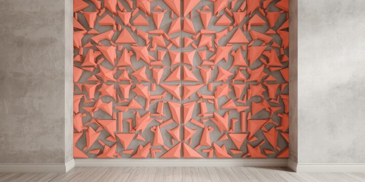 Symmetrical geometric wall decoration with vibrant peach triangles and rectangles in close up