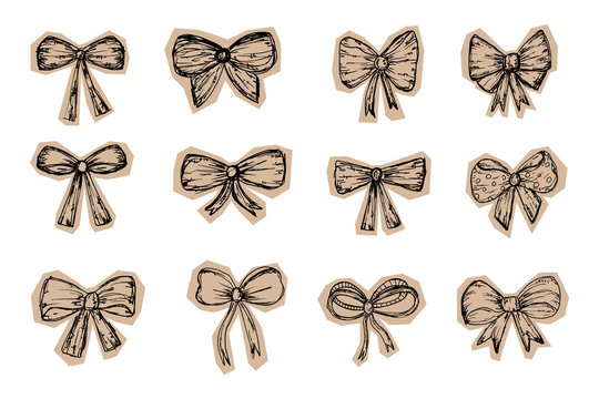 Sketch Scrapbook Ribbons Set. Doodle collage bow elements. Pen hand drawn outline bow and ribbons stickers set. Paper cut vector collection.