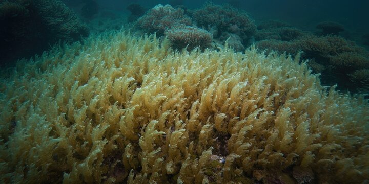 Seafloor reef densely populated by soft green moss vegetation