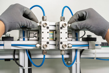 Obraz premium Hands in gloves adjusting pneumatic valves on industrial machinery