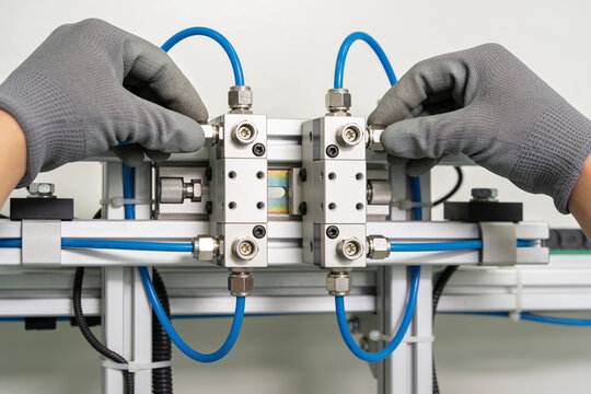 Hands in gloves adjusting pneumatic valves on industrial machinery