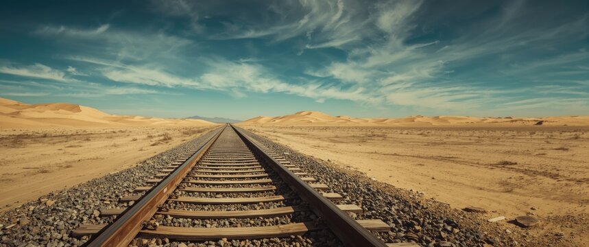 Empty desert scene with disused railroad tracks running through