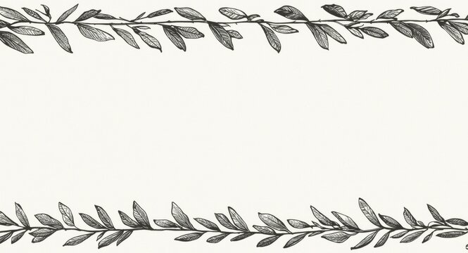 Monochrome hand sketched olive leaf border with intricate details