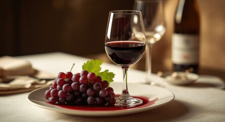 Fototapeta premium Unique Pinotage red wine served on white plate with fresh grape cluster