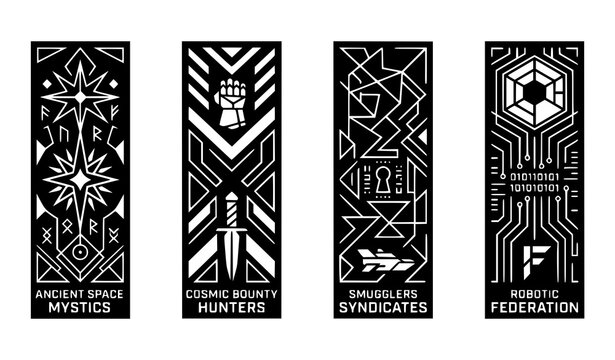 Minimalist space faction banner and guild symbol glyph vector pack