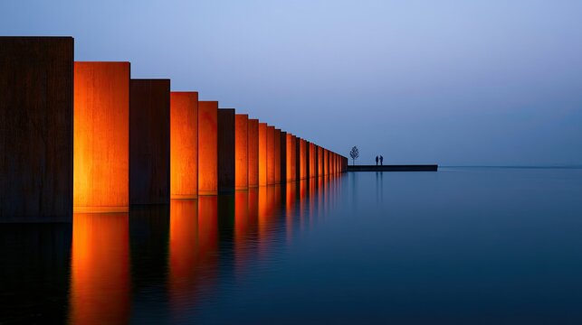 Illuminated concrete monoliths line calm water at dusk, reflecting warm light