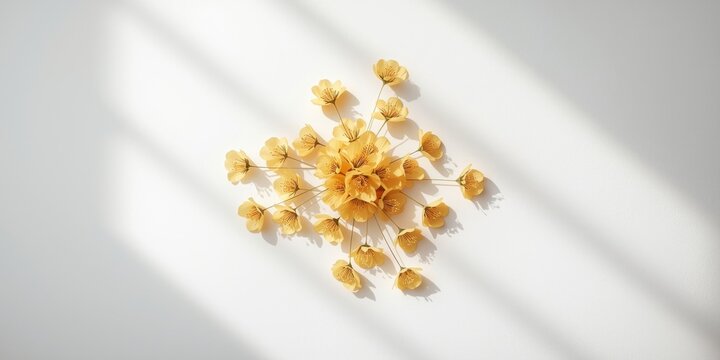 Lunar New Year themed Ochna integerrima flowers artfully set against white backdrop