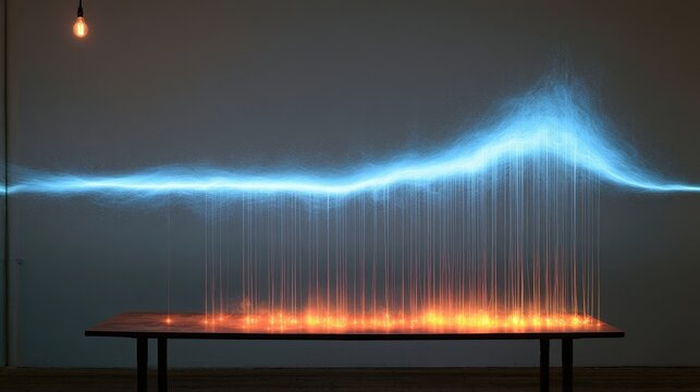 Glowing electric currents emanate from a table under a bare bulb
