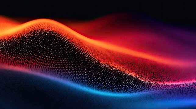 Abstract undulating glowing particles in gradient sunset hues, dark background