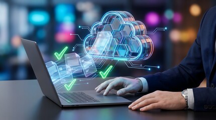 Fototapeta premium Cloud Computing Data Security Solutions for business. Professional managing secure holographic digital documents on laptop, driving innovative IT infrastructure and digital transformation.