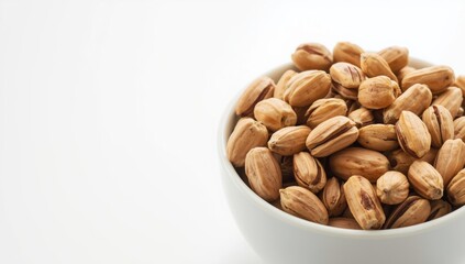 Obraz premium Bowl of roasted pistachio nuts on a white background