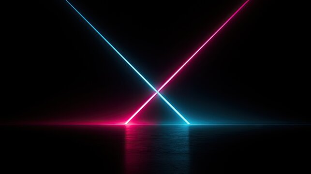Abstract crossed neon light beams, a futuristic glow on a dark surface
